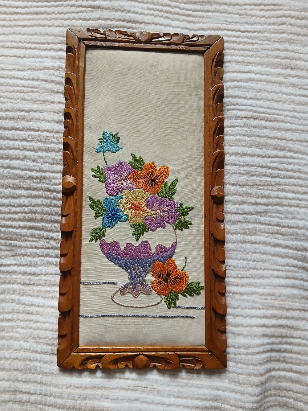 Hand-Carved Wood Picture Frame with Floral Embroidered Art - Brown